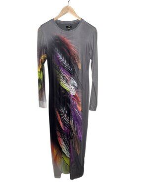 AFRM Womens Didi Long Sleevemesh Feather Print Maxi Bodycon Dress Gray Large